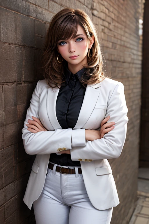 # basics 
The girl is posing for a photo, (( One Girl )), (((baby face:1.2)) + ((cute:1.3))), 

#Clothing Accessories 
((( perfect black shirt :1.2)), (( white tailored jacket :1.4)), (( blue denim skinny pants ))), (  black high heels  ), 
( gold hoop earrings ), ( silver necklace ), 

#features 
((random hair style:1.3)),  
((Droopy eyes), (Kind eyes), ( blue eyes), ( big eyes:1.4)), 

#background environment 
(noon, (Sunlight hits,  quiet residential area on a slope )), 
#Facial Expression Pose  
((smile)), (( cross your arms a little) + (Stand tall、Hold Your Head High ) + ( attitude representing confidence and authority )), 
# composition in front of a blackboard 
( towards the camera , (Frontal focus), ( cowboy shot)), 

#Body parts elements 
( slim figure), 
(Detailed hair ,  beautiful hair,  shiny hair), 
(( thin eyebrows),  double eyelids in judo uniforms,  has long eyelashes), 
((Expression of fine eyes), ( Beautiful Delicate Eyes), (Sparkling Eyes), Eye Reflexes,  glitter eyeliner ), 
(Human Ear), 
(Beautiful Nose, Thin Nose), 
( glossy lips ,  beautiful lips,  Thick lips,  glossy lips ,  natural blush), 
(( detailed face ), Symmetrical facial features), 
(( detailed skin), textured skin,  Beautiful skin,  Glowing Skin, ( oily skin )),  Perfect Anatomy,

# high quality images high quality general  
((( top quality )), ((masterpiece)), (( very detailed))), (( super high resolution )), ((16k, 1080P)), ((【FHD)), 
( anatomically accurate), ( realistic ), (3DCG), (Oil), 
#High quality images and illustrations, (CG illustration), 
# quality image quality others  
( Line Art), (oil pastel ), 