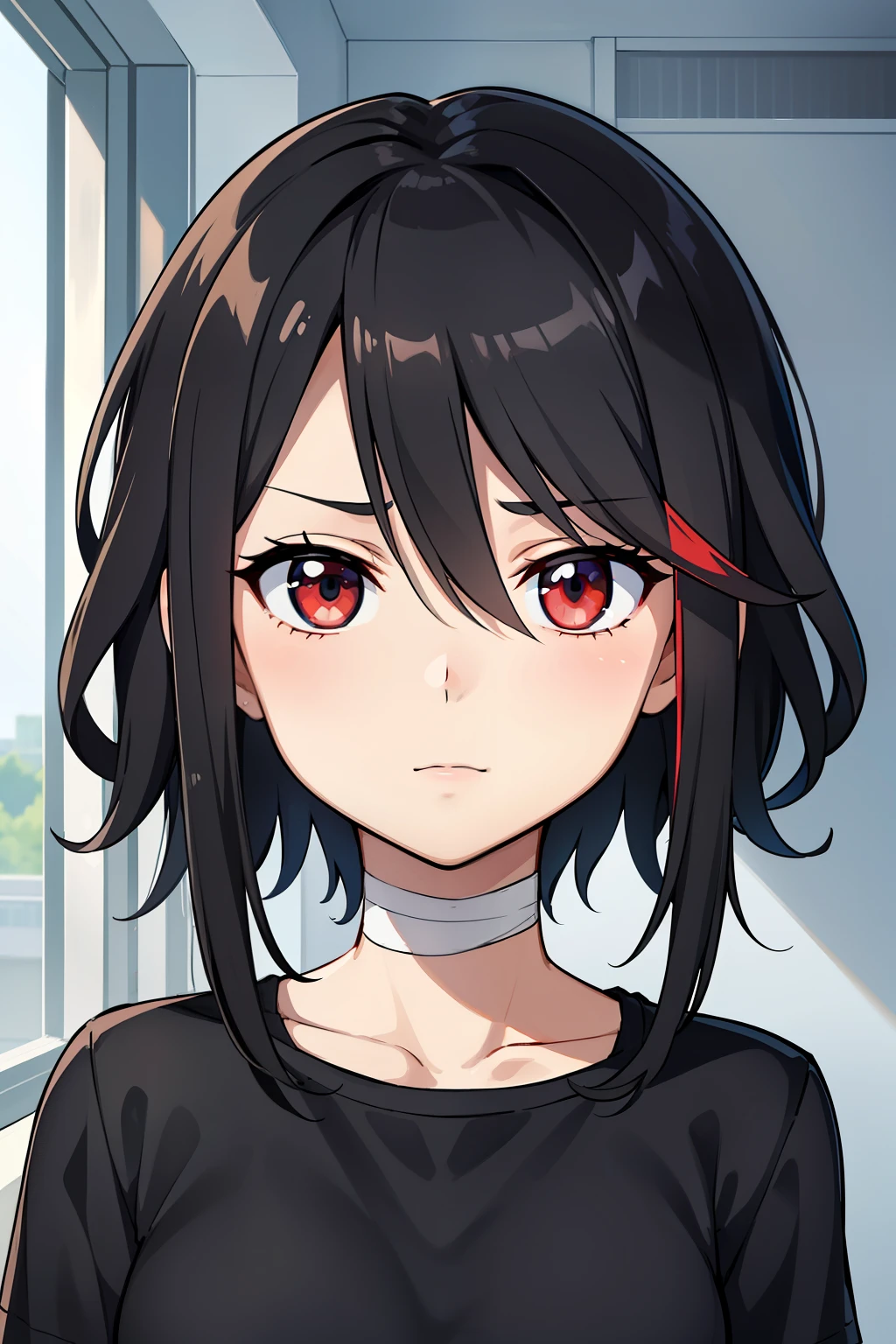 (high-quality, breathtaking),(expressive eyes, perfect face) 1girl, female, solo,  age, age 7, black color hair, red highlight in hair, red eye color, short hair length, fluffy spiky hair, black short sleeved shirt, Symmetrical Eyes, like face, portrait, positive expression, grey background, hairstyle Ryuko Matoi, height 4", bandages, atient_bloodyband_icu,
