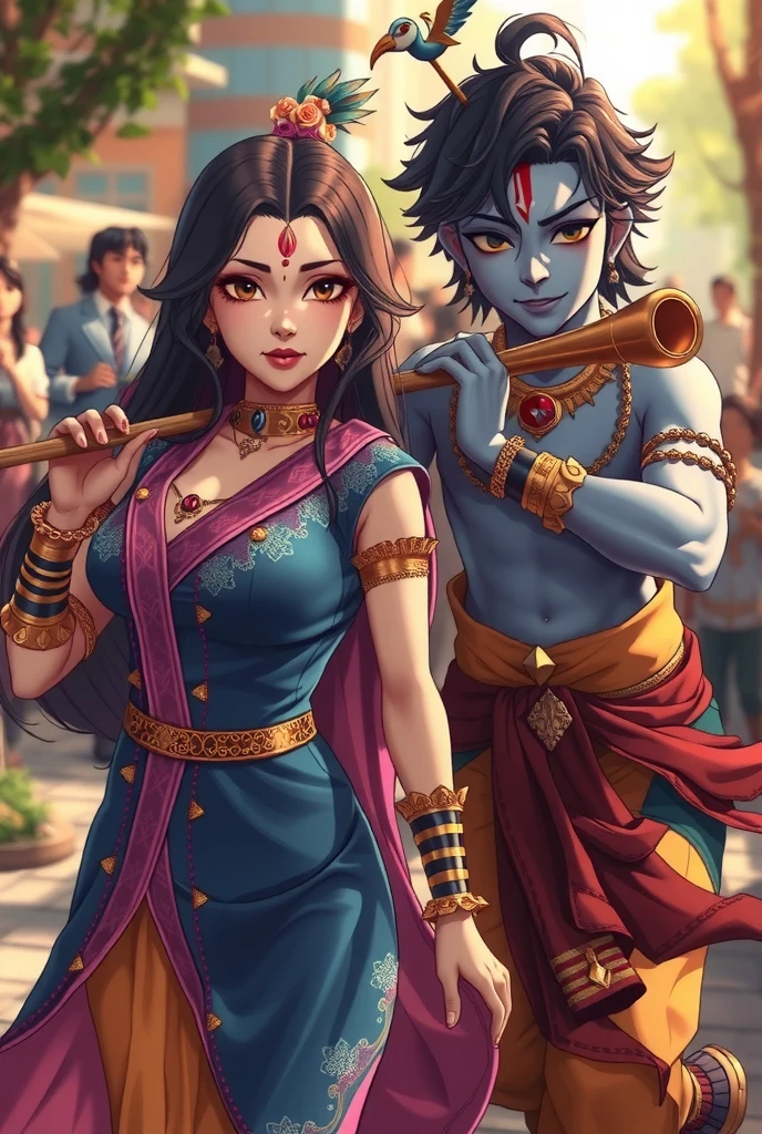 A shonen anime modern depiction of Radha and Krishna in a move as superheros. Radha with her golden-white glowing skin, is wearing dress of primary color blue, secondary color pink, dark hair with a small ornate crown and flowers, red tilak in her forehead saving people with her superpower. Krishna, with radiant blue skin, with iconic flute and peacock feature wearing dress of primary color yellow secondary color red, white tilak in his forehead helping civilians get to saftey . They are emanating a divine presence and aura. 