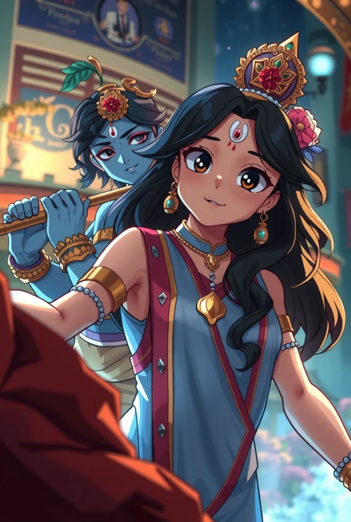 A shonen anime modern depiction of Radha and Krishna in a move as superheros. Radha with her golden-white glowing skin, is wearing dress of primary color blue, secondary color pink, dark hair with a small ornate crown and flowers, red tilak in her forehead saving people with her superpower. Krishna, with radiant blue skin, with iconic flute and peacock feature wearing dress of primary color yellow secondary color red, white tilak in his forehead helping civilians get to saftey . They are emanating a divine presence and aura. 