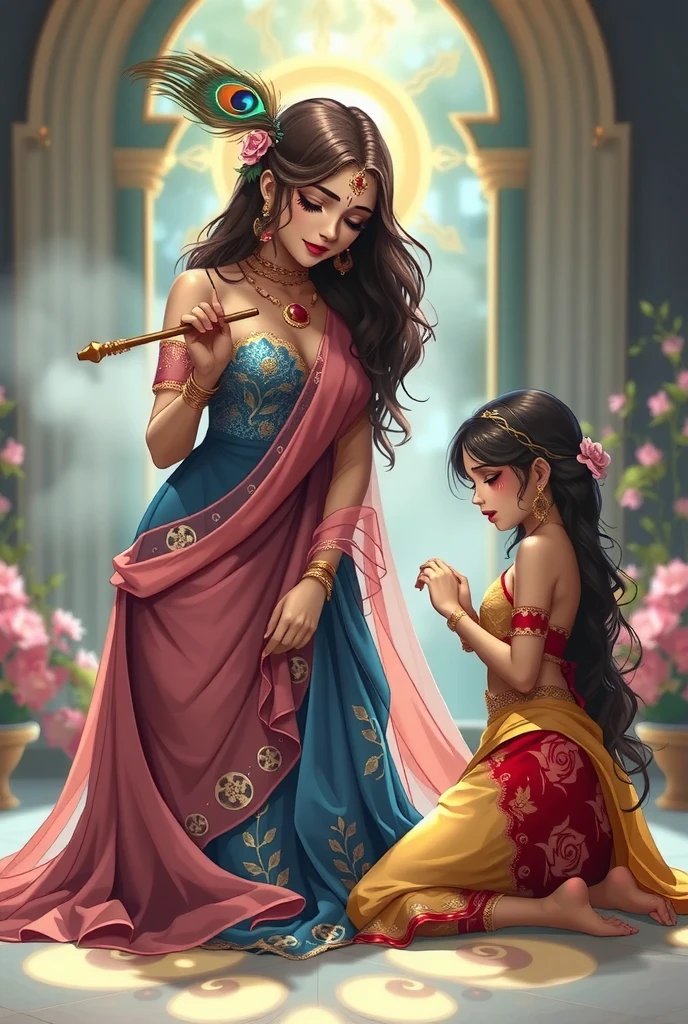 A divine and emotional scene depicting Shri Radha Ji and a devoted gopi. Shri Radha Ji is portrayed in a modern yet ethereal gown blending pink and blue hues, with a sheer, flowing design that exudes grace. She has a peacock feather in her hair and holds Shri Krishna’s flute delicately, symbolizing her divine connection. Her expression is compassionate and comforting as she looks at the gopi crying at her feet. The gopi, in a contemporary one-piece dress combining yellow and red colors, kneels before Radha Ji, her posture and tearful face showing deep emotion and devotion. The setting is dreamy, with soft, glowing light, floral accents, and a faint golden aura surrounding Radha Ji, emphasizing her divinity.