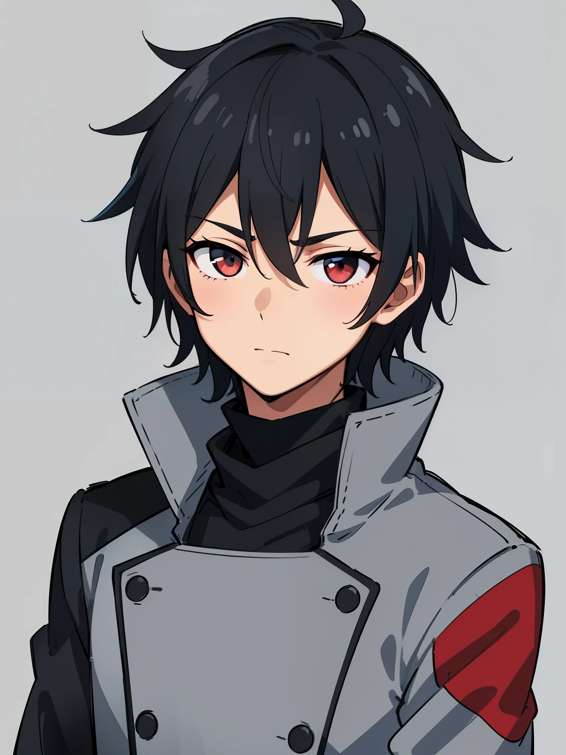 (high-quality, breathtaking),(expressive eyes, perfect face) 1boy, male, solo, portrait, narrow eyes, kind face, neutral expression, soft cute smile, gundam art style, portrait, Symmetrical Eyes, black hair, red green eyes, teenager, grey background, grey jacket, black turtleneck shirt, black pants, fluffy hair, half closed eyes, looking at viewer, facing viewer, red scarf, teenager, young face, apocalypse clothing, open jacket
