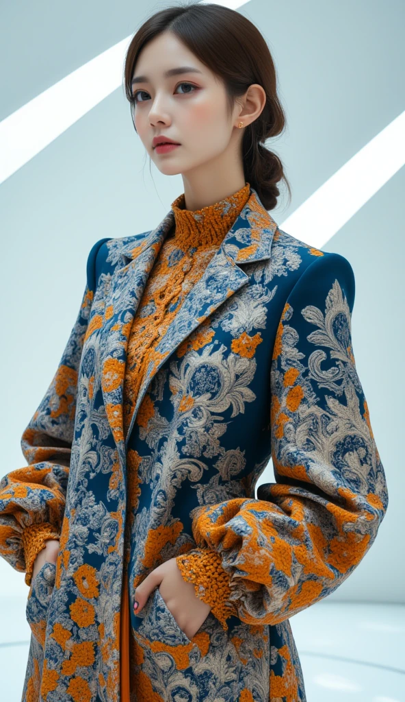 A woman wears an extremely voluminous coat with a baroque print made up of blue and orange flowers. The model displays a serious expression and is in a predominantly white retro-futuristic design room. The scene is hyper-realistic, high quality, with an emphasis on textures and details, capturing the essence of a fashion editorial.
