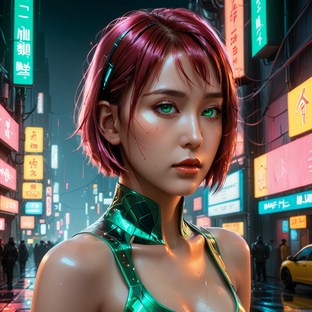 "A beautiful cyberpunk woman with realistic facial features, smooth skin, and expressive emerald green eyes"

"She has natural proportions, a confident pose, and short pink bob hair with soft shading"

"Wearing a futuristic high-tech bodysuit with subtle neon glowing patterns and realistic fabric textures"

"Her outfit includes translucent red lace details that catch the neon light"

"Set in a rainy cyberpunk city, with glowing neon holographic billboards, reflections on wet streets, and atmospheric fog"

"Ultra-realistic lighting, soft shadows, and high detail in the environment"




