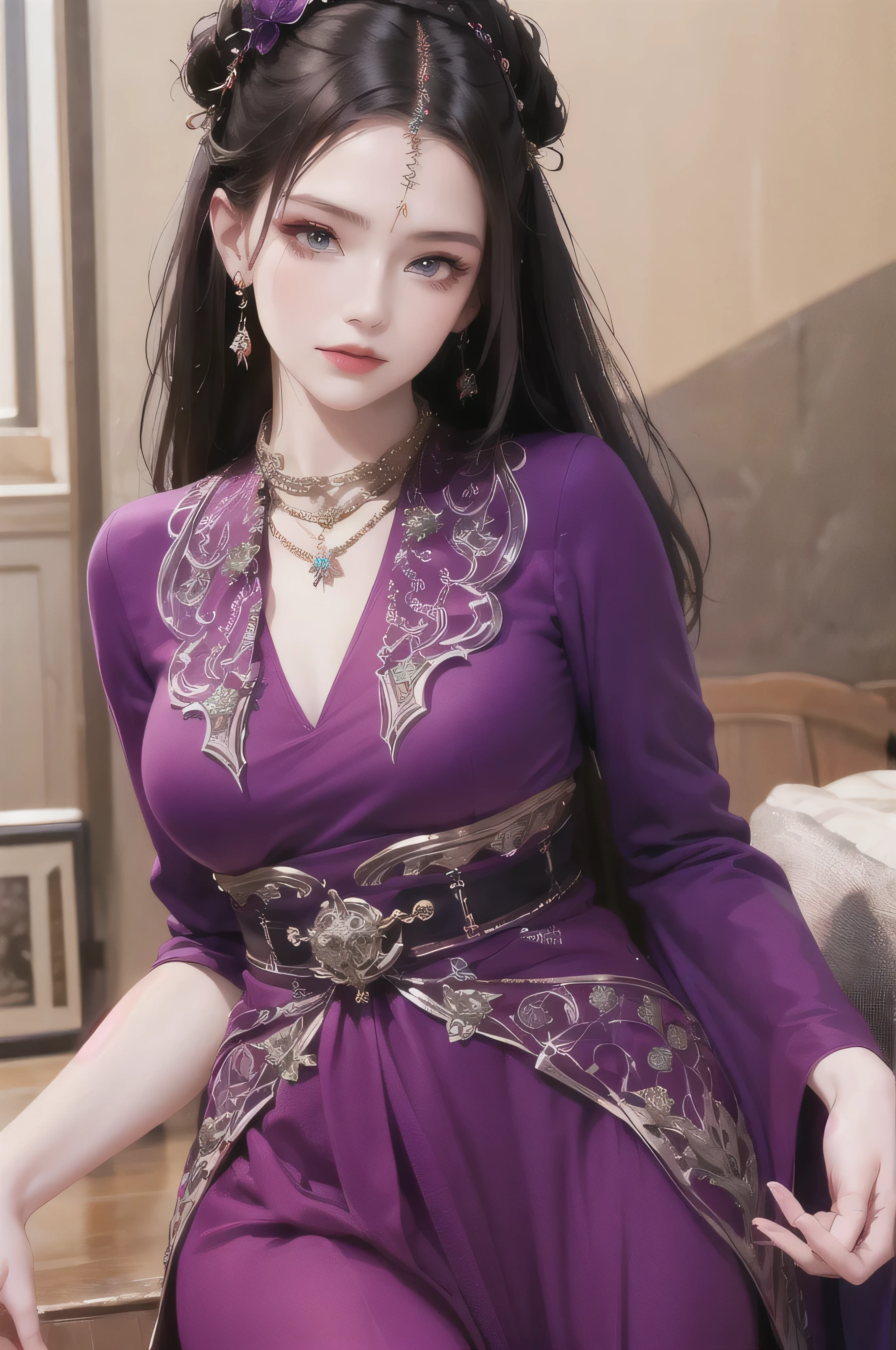 best quality, masterpiece, highres, official art, extremely detailed cg unity 8k wallpaper, 1girl, long hair, jewelry, hair ornament, realistic, she's wearing a beautiful dress in purple color, (((purple top and purple dress))), (((dark purple))), necklace, full body