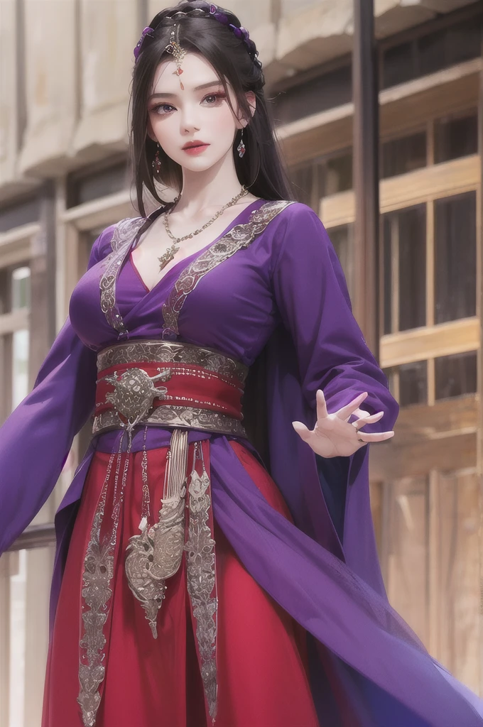 best quality, masterpiece, highres, official art, extremely detailed cg unity 8k wallpaper, 1girl, long hair, jewelry, hair ornament, realistic, she's wearing a beautiful dress in purple color, (((purple top and purple dress))), (((dark purple))), necklace, full body