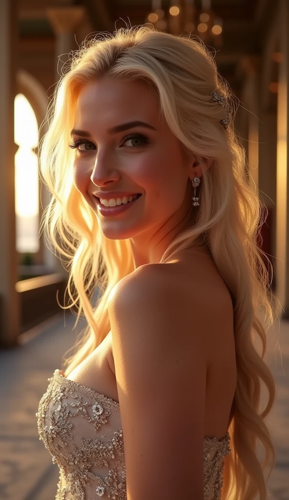 A stunning portrait of teenager Ivanka Trump as Elsa smiling , she is sexy , queen of arendelle, young and beautiful, hyper realistic, real portrait, backlit, exquisite features, cleavage, sexy, seductive, interior or an ornate castle ballroom with high ceilings, show skin, backlit with sun streaming through the window turning her hair golden