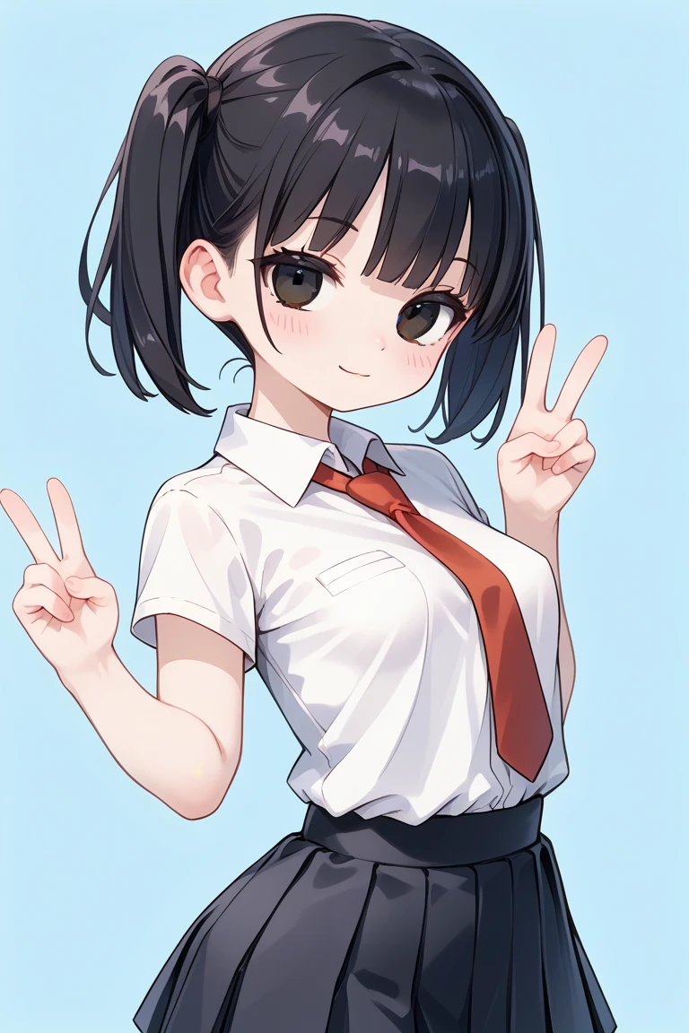 cute girl, (short), (solo), black pleated skirt, white collared shirt, red tie, taut clothes, tight clothes, wide hips, contrapposto, big ass, narrow waist, thick thighs, cute small breasts, perky breasts, lean belly, narrow waist, skinny body, twintails black hair, short hair, (no bangs hair, middle part hair), black eyes, looking at viewer, standing up, heavy blushing, half closed eyes, sealed lips, (perfect closed mouth), very pale skin, V-sign, (cute pose), (perfect hands), (simple background), (masterpiece), (best quality), (perfect eyes), (absurdres), (perfect face), full body