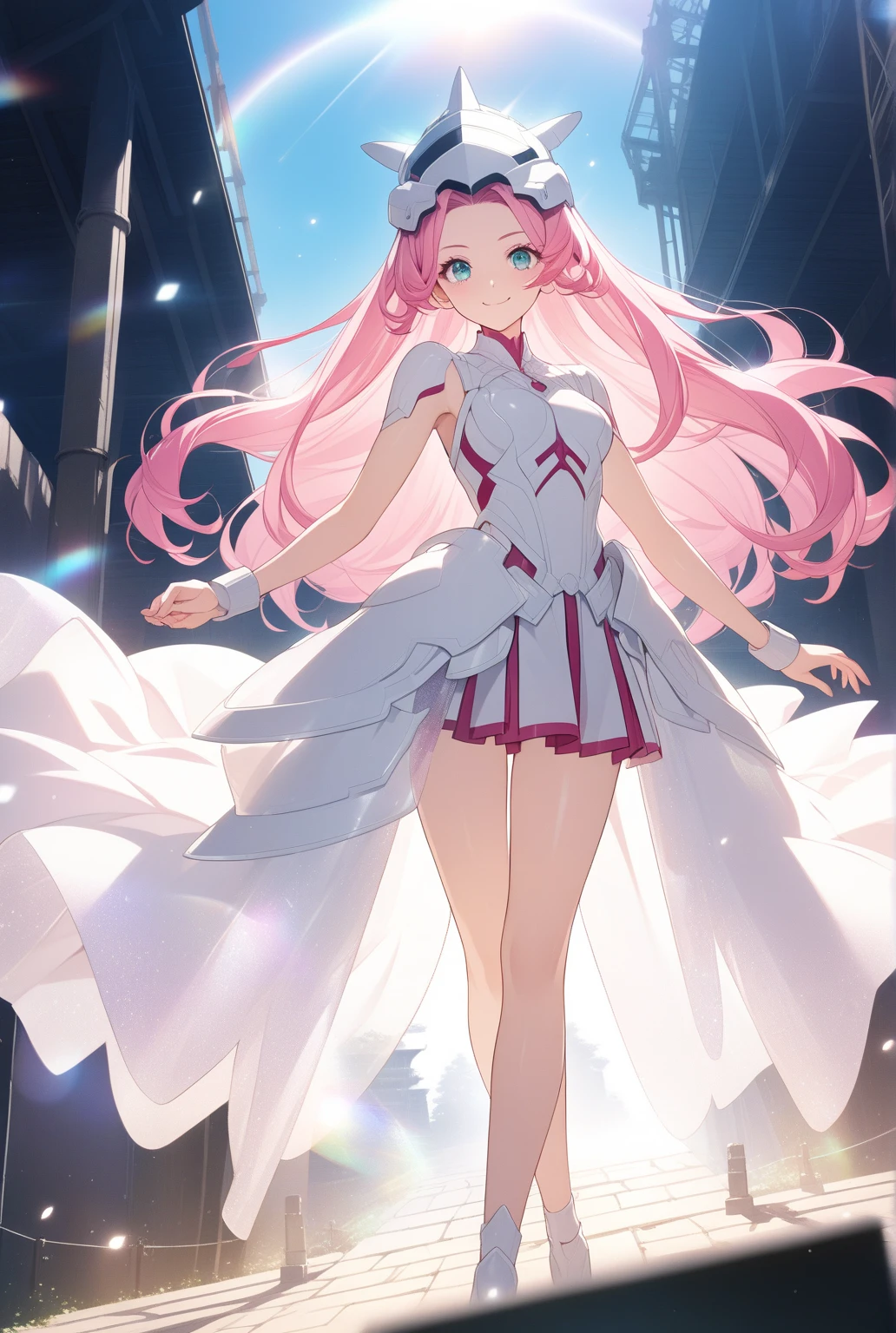 ((Masterpiece, Best quality)), (1girll), (Solo), (female focus), ( Light pink hair, Extra-long hair), dark skin, tan skin, brown skin, Light purple eyes, ((White thin strap top),(White dress),(Lace),(Short white ruffled skirt)), (((It is surrounded by water))),((water)),standing, dancing, White background, arms back behind