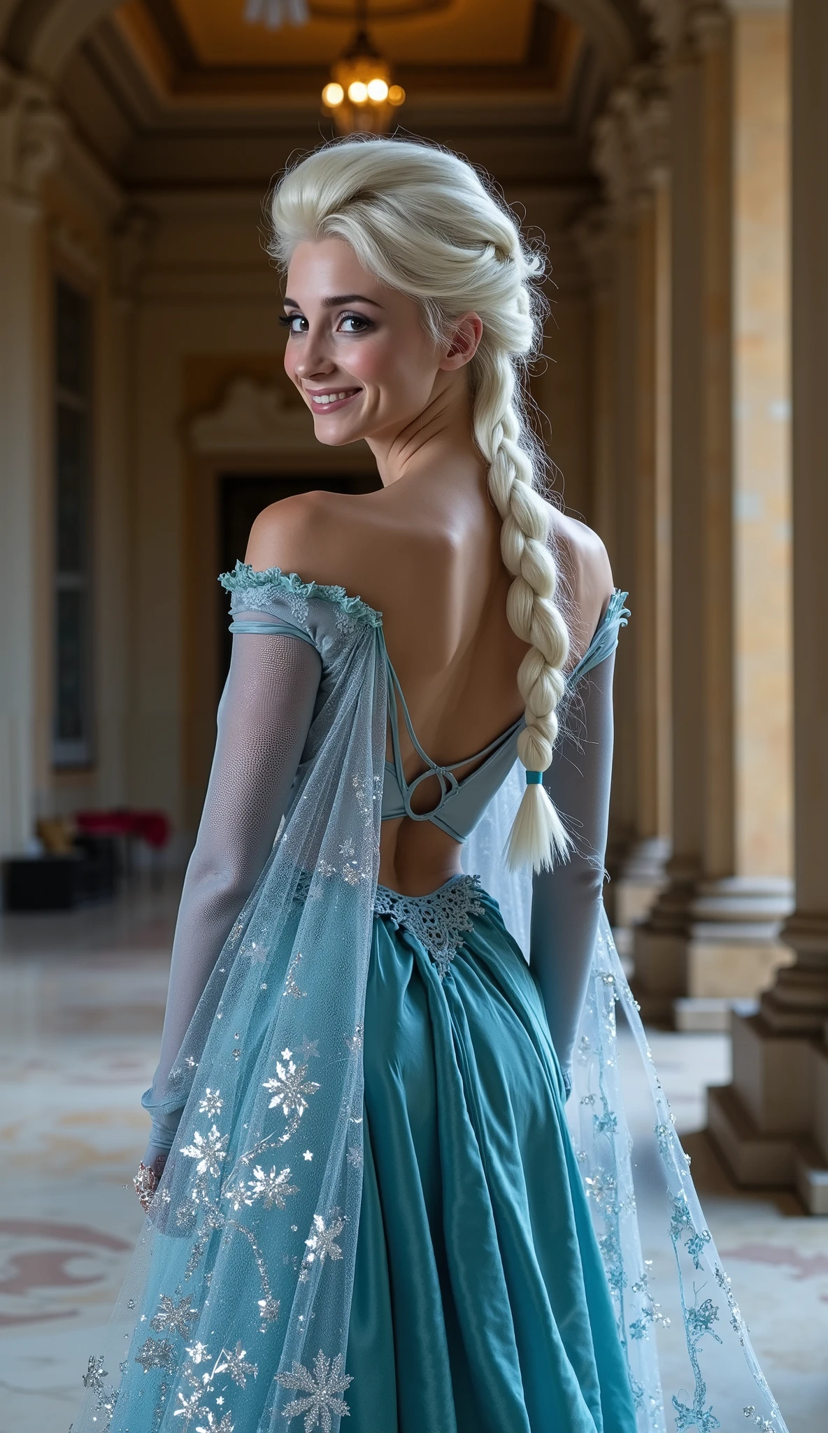 A stunning rear view portrait of piper perri as Elsa smiling , she is sexy , queen of arendelle, young and beautiful, hyper realistic, real portrait, backlit, exquisite features, cleavage, sexy, seductive, interior or an ornate castle ballroom with high ceilings, show skin, blue eyes, exposed bum, round ass, wide hips