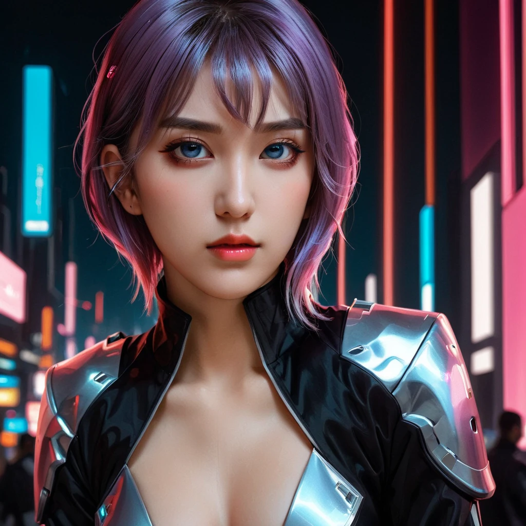 
A futuristic anime-style female character with silver-lavender hair, sharp bangs, and pink highlights, glowing blue eyes, wearing a sleek black and white sci-fi suit with red details. The background is neon-lit, with a gradient of purple and pink hues. She has a confident and mysterious expression, high detail, cyberpunk aesthetic, highly detailed fabric textures, professional lighting, sharp focus, ultra-realistic features.



