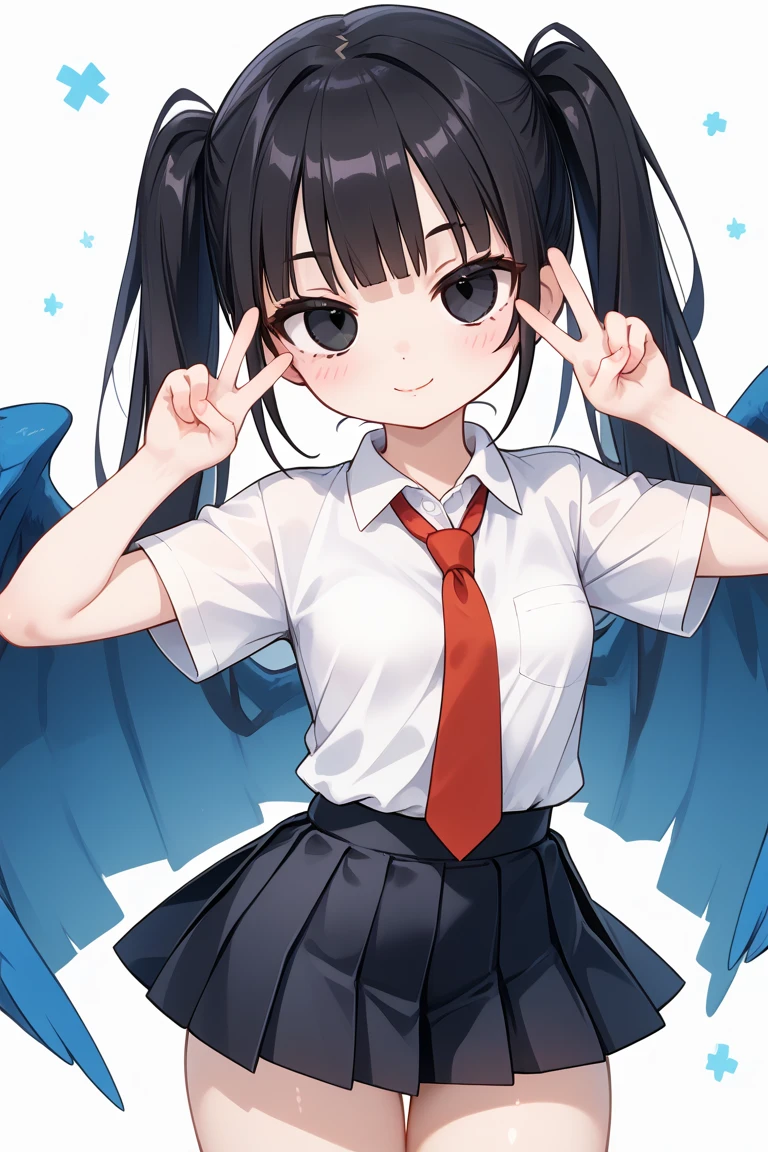 cute girl, (short), (solo), black pleated skirt, white collared shirt, red tie, taut clothes, tight clothes, wide hips, contrapposto, big ass, narrow waist, thick thighs, cute small breasts, perky breasts, lean belly, narrow waist, skinny body, twintails black hair, short hair, (no bangs hair, middle part hair), black eyes, looking at viewer, standing up, heavy blushing, half closed eyes, sealed lips, (perfect closed mouth), very pale skin, V-sign, (cute pose), (perfect hands), (simple background), (masterpiece), (best quality), (perfect eyes), (absurdres), (perfect face),