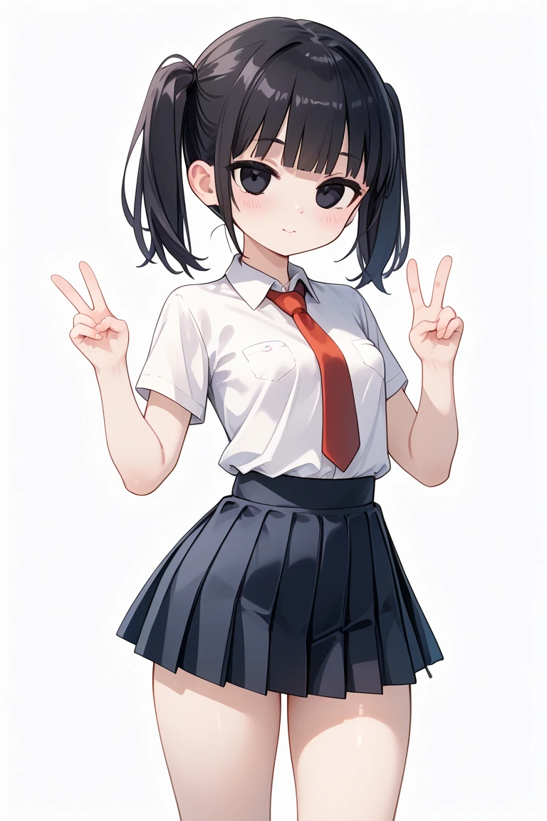 cute girl, (short), (solo), black pleated skirt, white collared shirt, red tie, taut clothes, tight clothes, wide hips, contrapposto, big ass, narrow waist, thick thighs, cute small breasts, perky breasts, lean belly, narrow waist, skinny body, twintails black hair, short hair, (no bangs hair, middle part hair), black eyes, looking at viewer, standing up, heavy blushing, half closed eyes, sealed lips, (perfect closed mouth), very pale skin, V-sign, (cute pose), (perfect hands), (simple background), (masterpiece), (best quality), (perfect eyes), (absurdres), (perfect face),