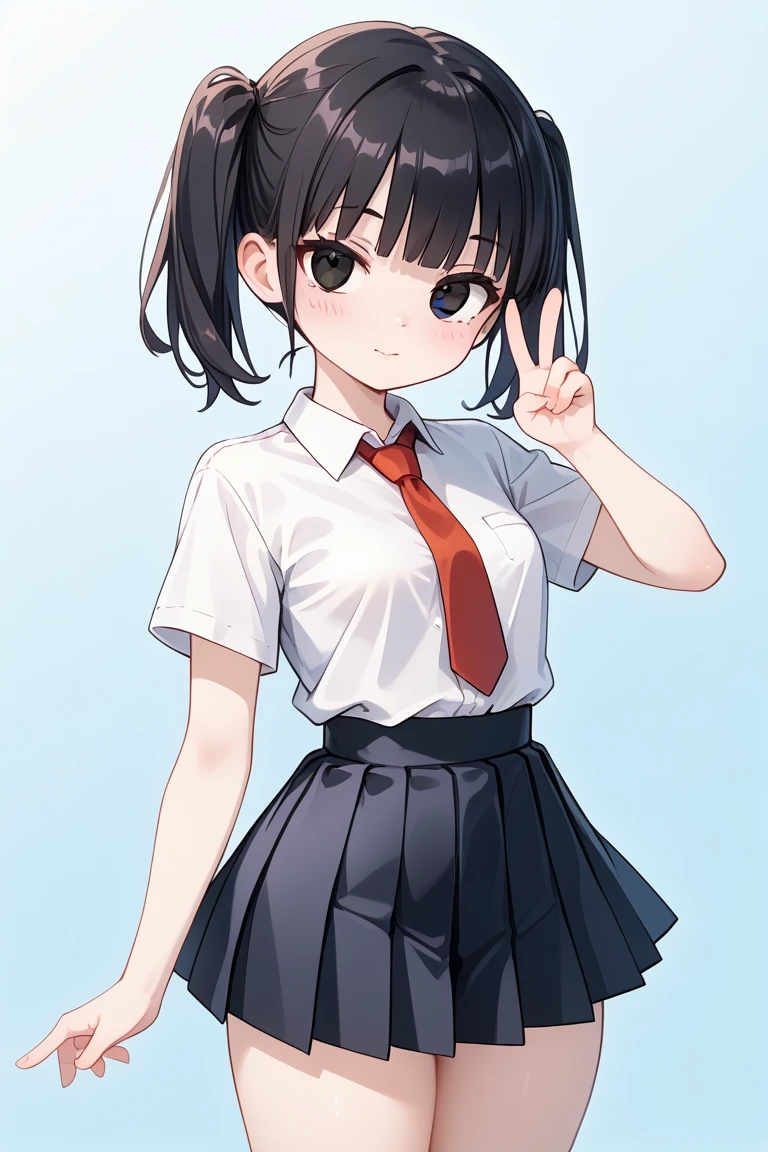 cute girl, (short), (solo), black pleated skirt, white collared shirt, red tie, taut clothes, tight clothes, wide hips, contrapposto, big ass, narrow waist, thick thighs, cute small breasts, perky breasts, lean belly, narrow waist, skinny body, twintails black hair, short hair, (no bangs hair, middle part hair), black eyes, looking at viewer, standing up, heavy blushing, half closed eyes, sealed lips, (perfect closed mouth), very pale skin, V-sign, (cute pose), (perfect hands), (simple background), (masterpiece), (best quality), (perfect eyes), (absurdres), (perfect face),