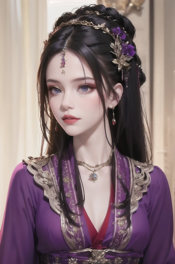 best quality, masterpiece, highres, official art, extremely detailed cg unity 8k wallpaper, 1girl, long hair, jewelry, hair ornament, realistic, she's wearing a beautiful dress in dark purple color, (((purple top and purple dress))), (((dark purple))), necklace, full body, confident, fire magic