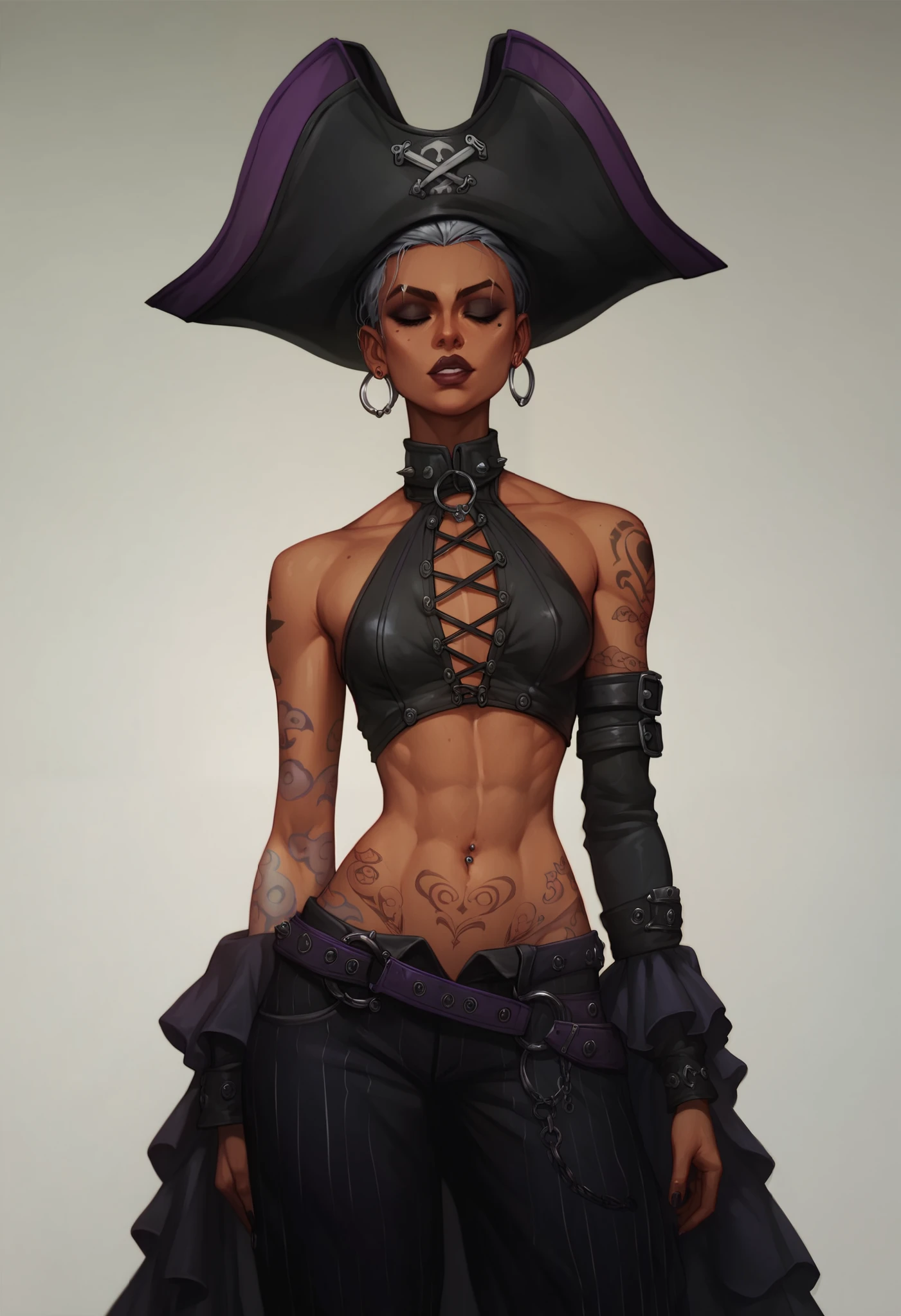 A character outfit from the series arcane gothic outfit , detailed, black clothes, dark skin, silver, purple items, tattoos, extravagant, huge baggy pants,  black, pirate, skinny, 