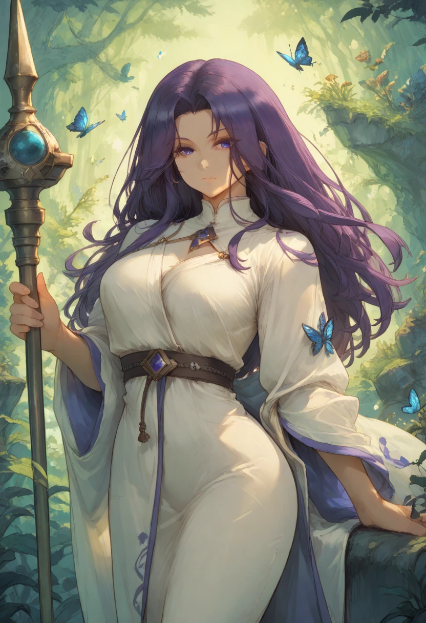 fern \(sousou no frieren\), 1girl, blue butterfly, breasts, bug, butterfly, closed mouth, dress, holding, holding weapon, insect, large breasts, light particles, long hair, mage staff, outdoors, purple eyes, purple hair, robe, , solo, staff, weapon, white robe, msk12003, masterpiece, best quality, very aesthetic, absurdres