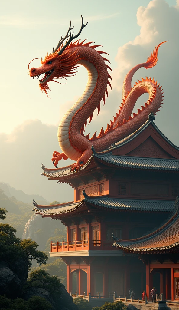 Chinese style red dragon,Dragon and human alliance,A group of people,background chinese style,Mountains and rivers,dragon huge