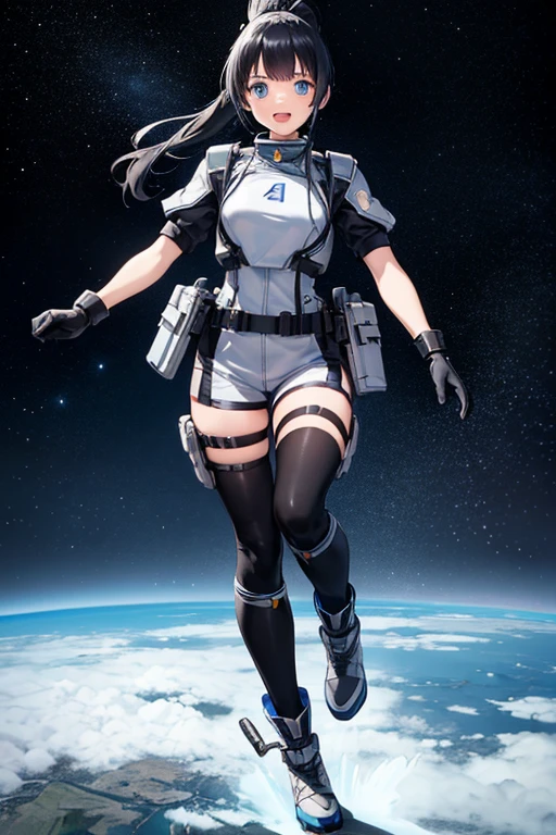  anime picture 、Space science fiction soldier 、 full body portrait 、A  soldier running around 155 cm tall wearing a silver bulletproof vest and silver shorts、 blue eyes、Hairstyle: short ponytail、 black hair、Black tights to cover the lower body、 smiling with open mouth 、 boots、gloves、silvery headset