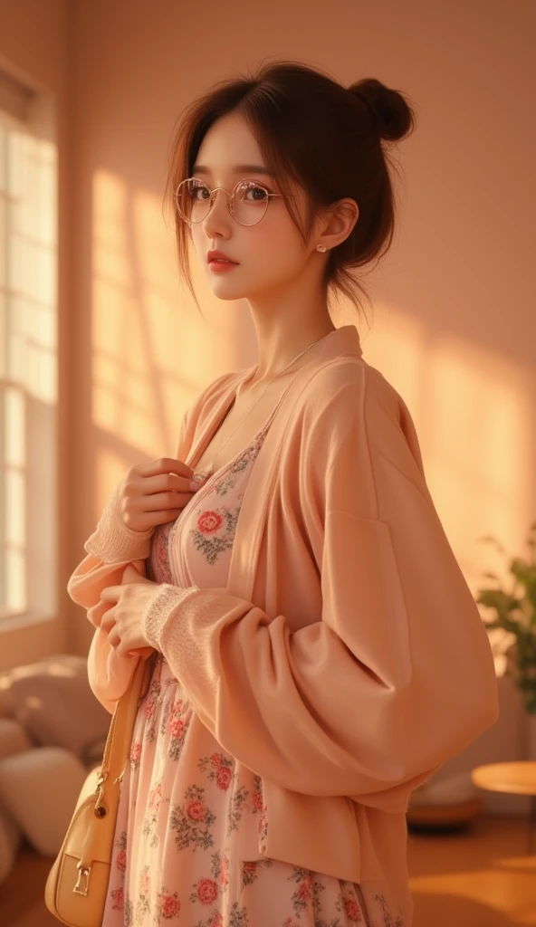 ultra-detailed, HDR, studio lighting, professional, pastel tones, cozy cardigan, floral dress, round glasses, shoulder bag, tied hair bun, soft lines, feminine fashion, simplistic style, warm tones, pop art, masterpiece, best quality, 8k, highres, UHD