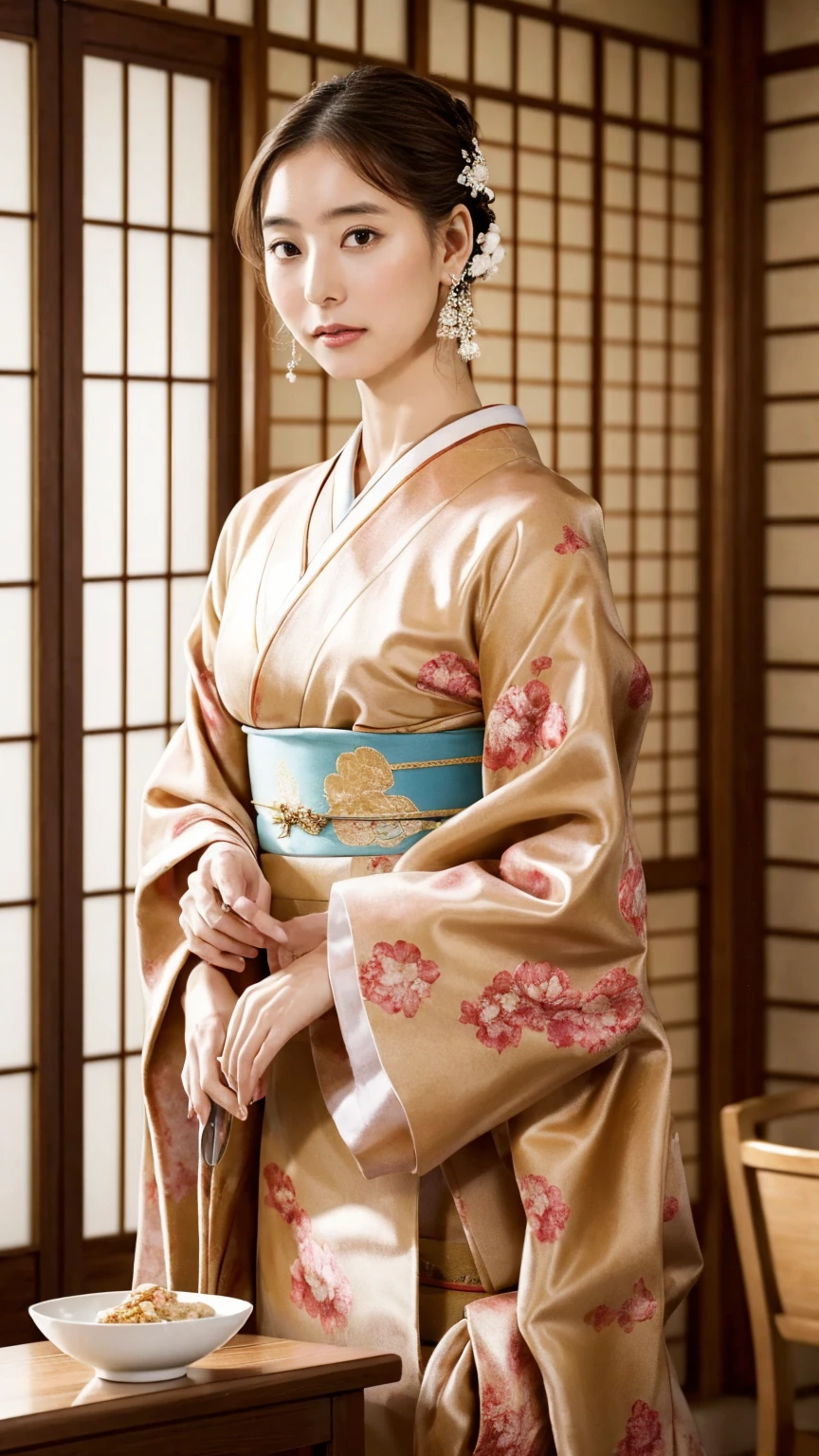 (masterpiece, top quality :1.2),( realistic ,photo- realistic :1.4), RAW photos ,  high definition , Woman standing alone 、  Intricate Details ,  very detailed, cinematic lighting ,Dressed in a traditional Japanese kimono 、 upper body angle、Summer Light、 holding a Häagen-Dazs ice cup and spoon、 The background is a traditional Japanese-style room space 、窓の外はSummer Light