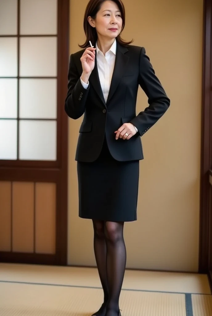 (masterpiece:1.4),(45-year-old woman:1.5),( facial wrinkles : 1.2),( smirking  : 1), ( Up Hair : 1.1), ( black suit), ( black skirt ), ( black nylon tights : 1.1),  motherly, (  legs  : 1), tatami,  Traditional Japanese room ,  Smoking Cigarettes  