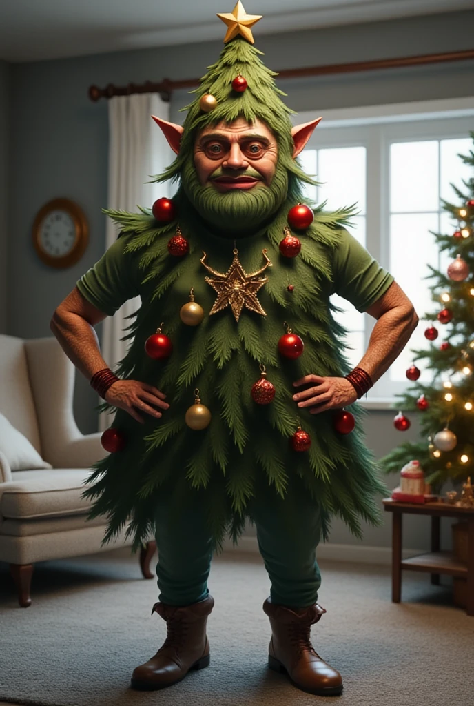 photorealistic portrait of fat elf wearing Christmas tree costume,,(Art by Cane Griffith:1.2),(Christmas theme),(cute),(happy smile:1.2), (elegant),(hands on hips:1.5), high quality,(lovely) ,(highly detailed Christmas tree costume:1.5),Christmas motif accessories,(Christmas tree and ornaments in background:1.5) , ,( ),(Christmas atmosphere), (happy),,(upper body image:1.5),(Christmas  room background:1.5), ,score_9, score_8_up, score_7_up, score_6_up, score_5_up, score_4_up,(looking at the camera:1.5)