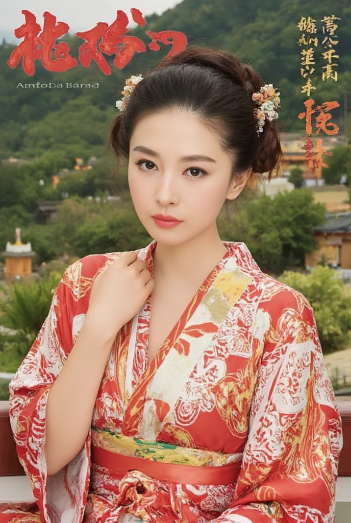 Japanese AVMagazine cover, 1girl, Alone,Japanese women(Wearing Japanese Yukata,),Japanese outdoor，UHD, masterpiece, high details, high quality, best quality,  highres icon