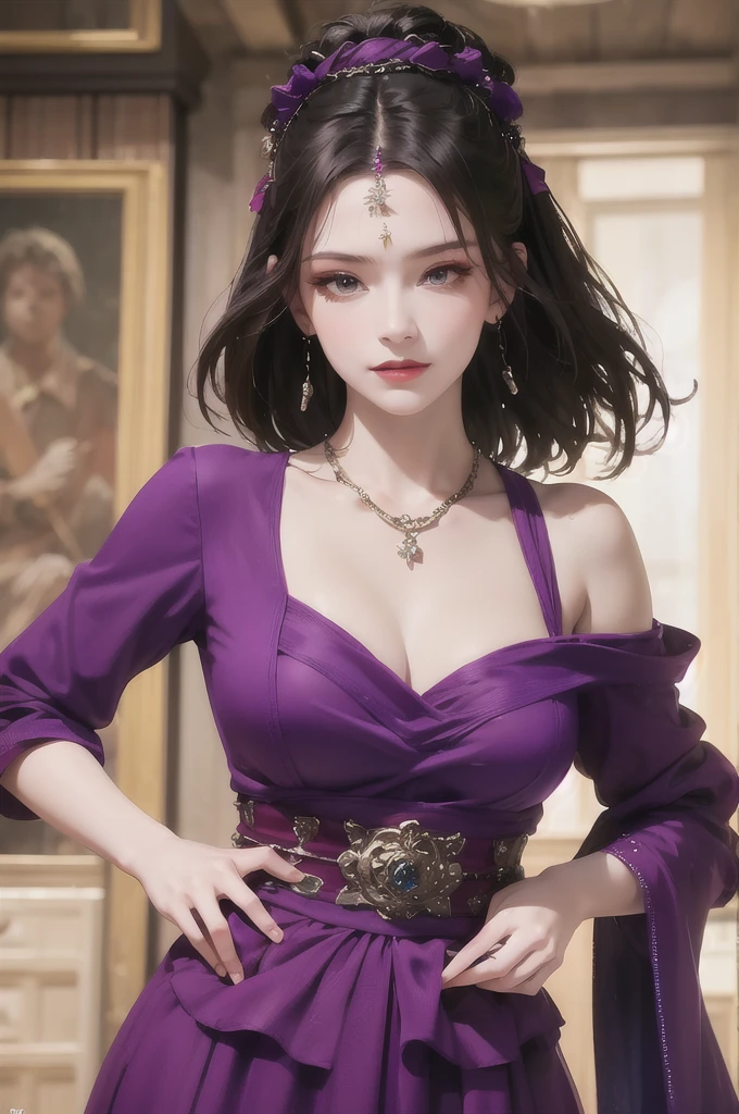 best quality, masterpiece, highres, official art, extremely detailed cg unity 8k wallpaper, 1girl, long hair, jewelry, hair ornament, realistic, she's wearing a beautiful dress in purple color, (((purple top and purple dress))), (((dark purple))), necklace, full body, she's casting fire magic, her background has big mountain