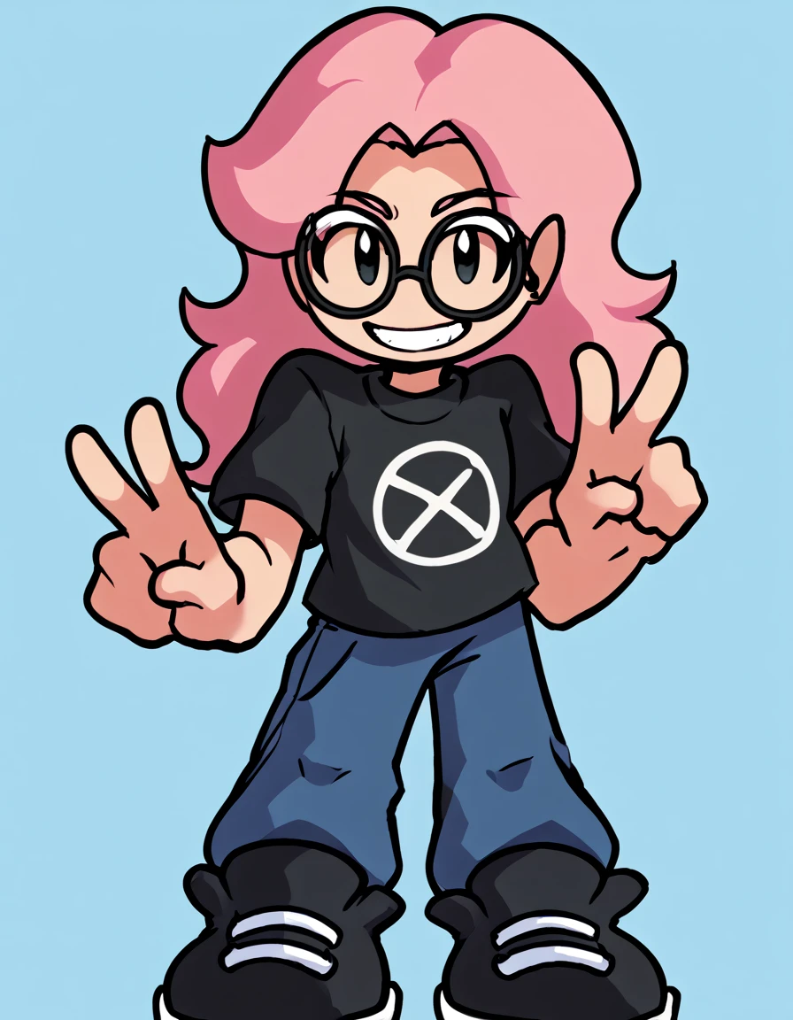 zPDXL3, 1girl, solo, blue background, white border, white outline, black outline, flat color, no sclera, black eyes, prngs, pink hair, tan skin, black shirt, blue pants, black shoes, blue eyes, sologirl, peace sign, short sleeves, round glasses, smile, standing, tall, 1girl, long hair