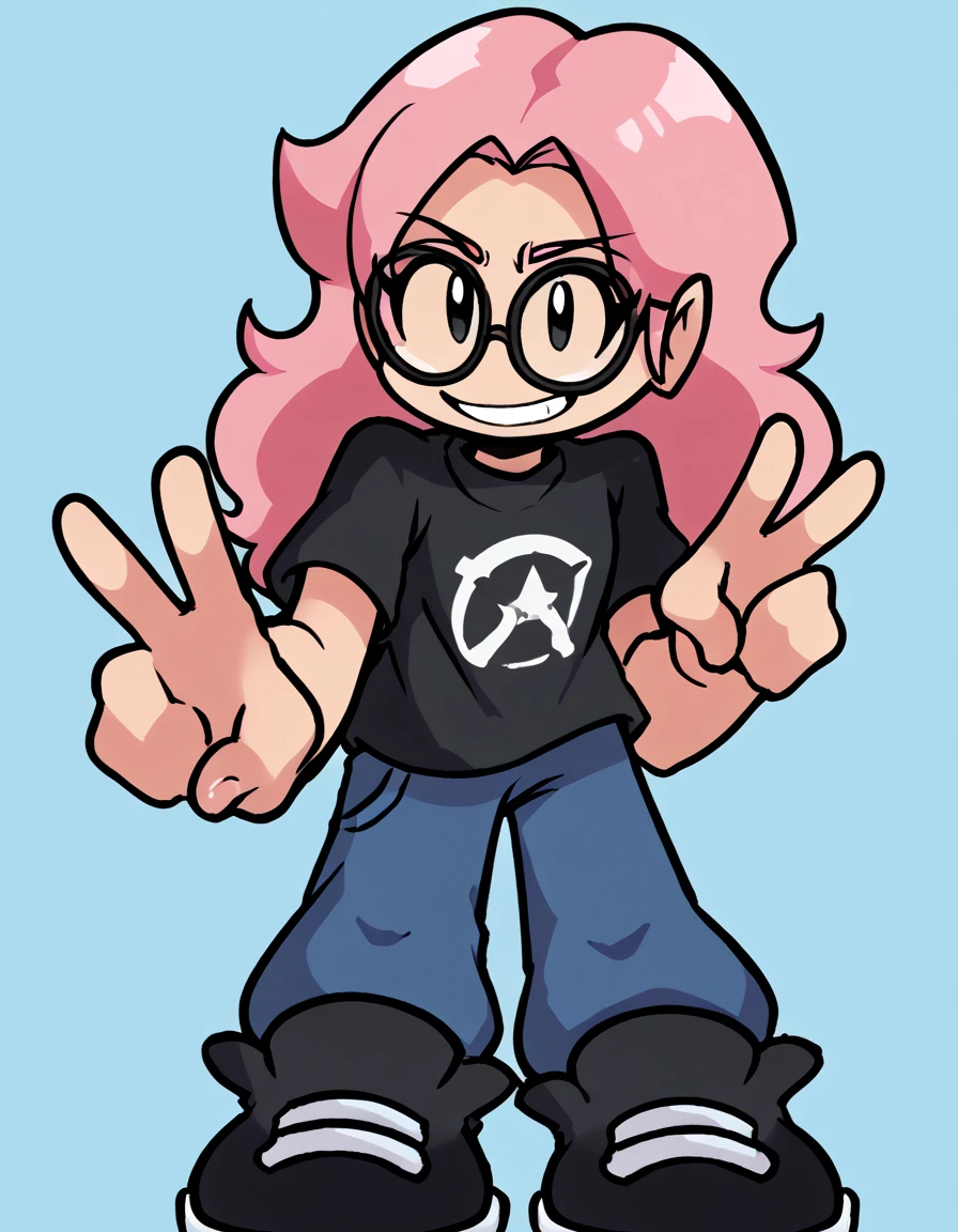 zPDXL3, 1girl, solo, blue background, white border, white outline, black outline, flat color, no sclera, black eyes, prngs, pink hair, tan skin, black shirt, blue pants, black shoes, blue eyes, sologirl, peace sign, short sleeves, round glasses, smile, standing, tall, 1girl, long hair