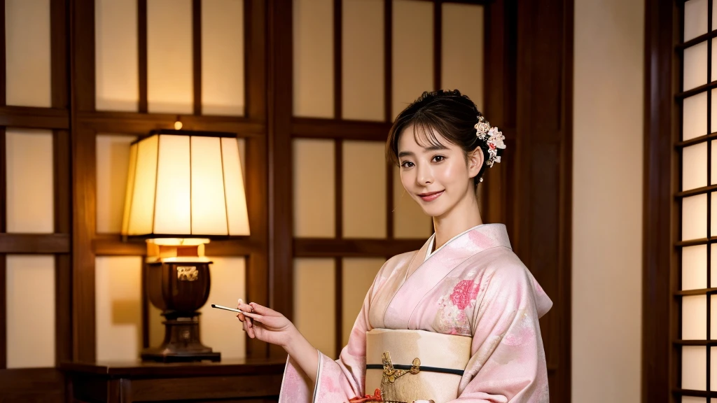 (masterpiece, top quality :1.2),( realistic ,photo- realistic :1.4), RAW photos , One Lying Woman 、 high definition ,   Intricate Details ,  very detailed, Cinematic Writing,Kimono Pose、 holding a Häagen-Dazs ice cup in her hand、 The background is a traditional Japanese-style room space 、 chest visible