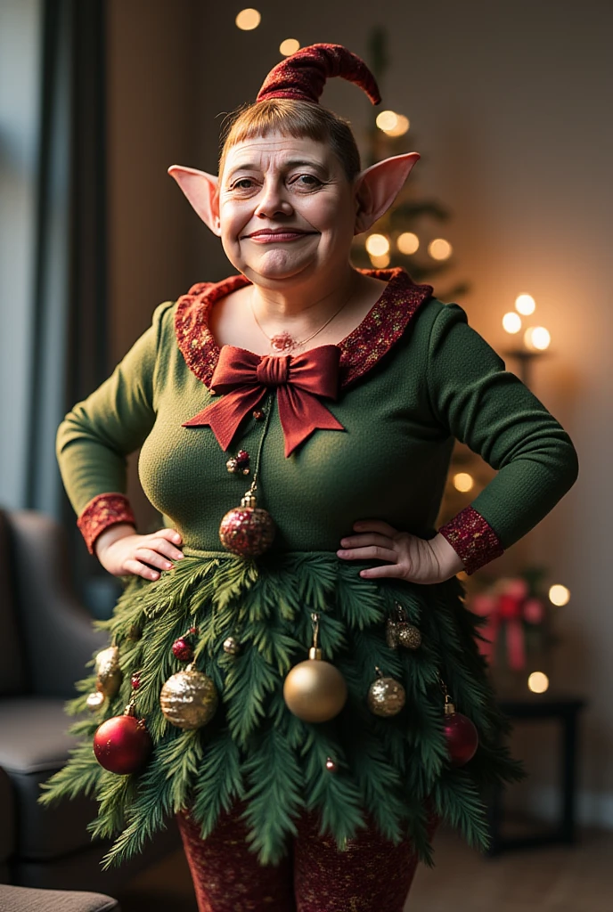 photorealistic portrait of fat elf wearing Christmas tree costume,,(Art by Cane Griffith:1.2),(Christmas theme),(cute),(happy smile:1.2), (elegant),(hands on hips:1.5), high quality,(lovely) ,(highly detailed Christmas tree costume:1.5),Christmas motif accessories,(Christmas tree and ornaments in background:1.5) , ,( ),(Christmas atmosphere), (happy),,(close up image:1.5),(Christmas  room background:1.5), ,score_9, score_8_up, score_7_up, score_6_up, score_5_up, score_4_up,(looking at the camera:1.5)