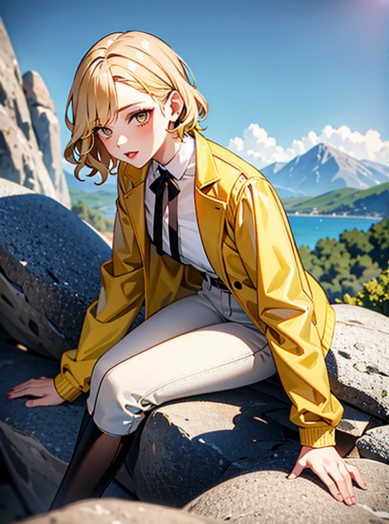 1 girl, blonde wavy short hair, gray eyes, white shirt, yellow jacket, brown pants, makeup, red lipstick, on a rock on a hill
