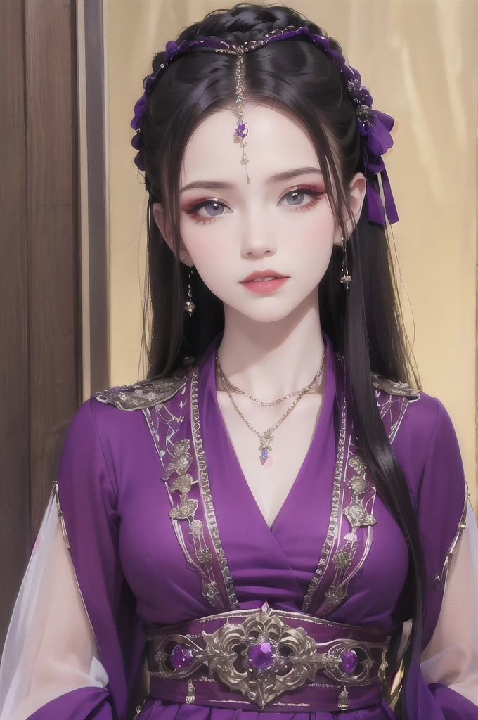 best quality, masterpiece, highres, official art, extremely detailed cg unity 8k wallpaper, 1girl, long hair, jewelry, hair ornament, realistic, she's wearing a beautiful dress in purple color, (((purple top and purple dress))), (((dark purple))), necklace, full body