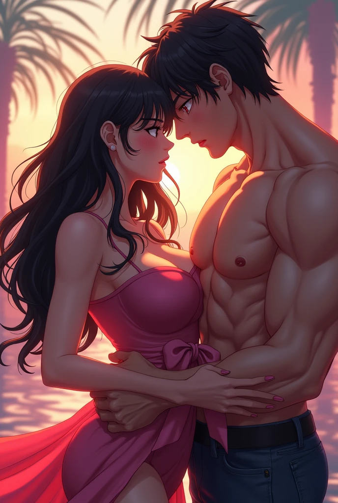 Anime girl in bikini with a guy on top of her