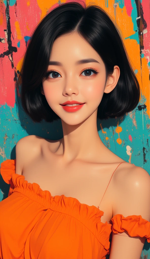 Create a flat illustration of a realistic female character with a black bob cut, striking blue eyes, and red lips. She is wearing a dress featuring an orange ruffle off-the-shoulder top, showcasing her bare shoulders. The character has a warm smile, exuding confidence and joy. Surround her with a colorful graffiti art background, emphasizing a minimalist style. Use a rotoscope technique to enhance the playful and vibrant feel of the artwork. Focus on a solo composition with one girl as the central figure.