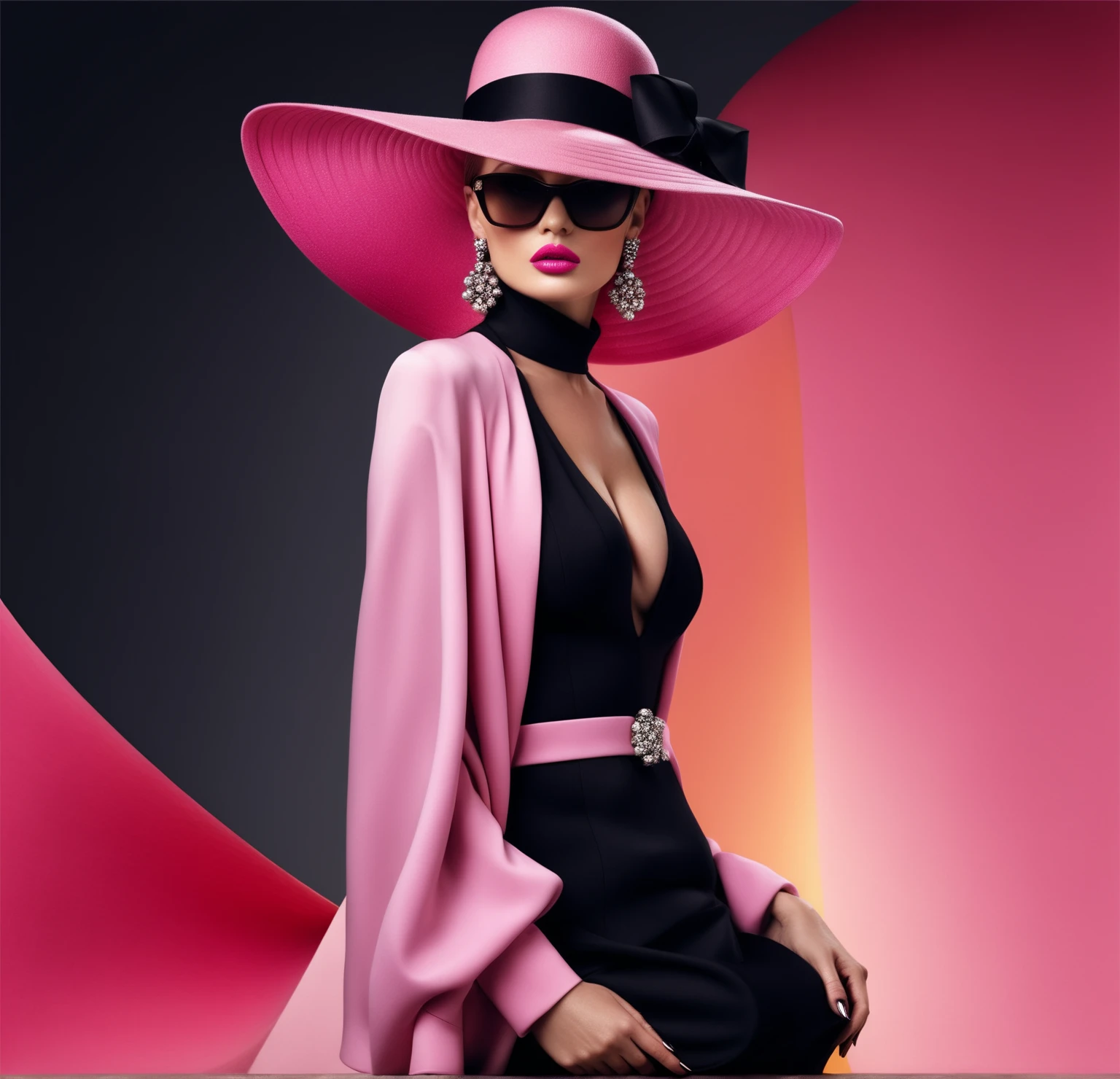 a close up of a woman with big boobswearing a pink hat and a black dress, by Wayne England, high - end fashion photoshoot, by derek zabrocki, high fashion classy, dior campaign, glamorous fashion pose, fashion photography, vogue render, fashion shoot 8k, digital art of an elegant, fine art fashion magazine style, high fashion photography, high fashion themed