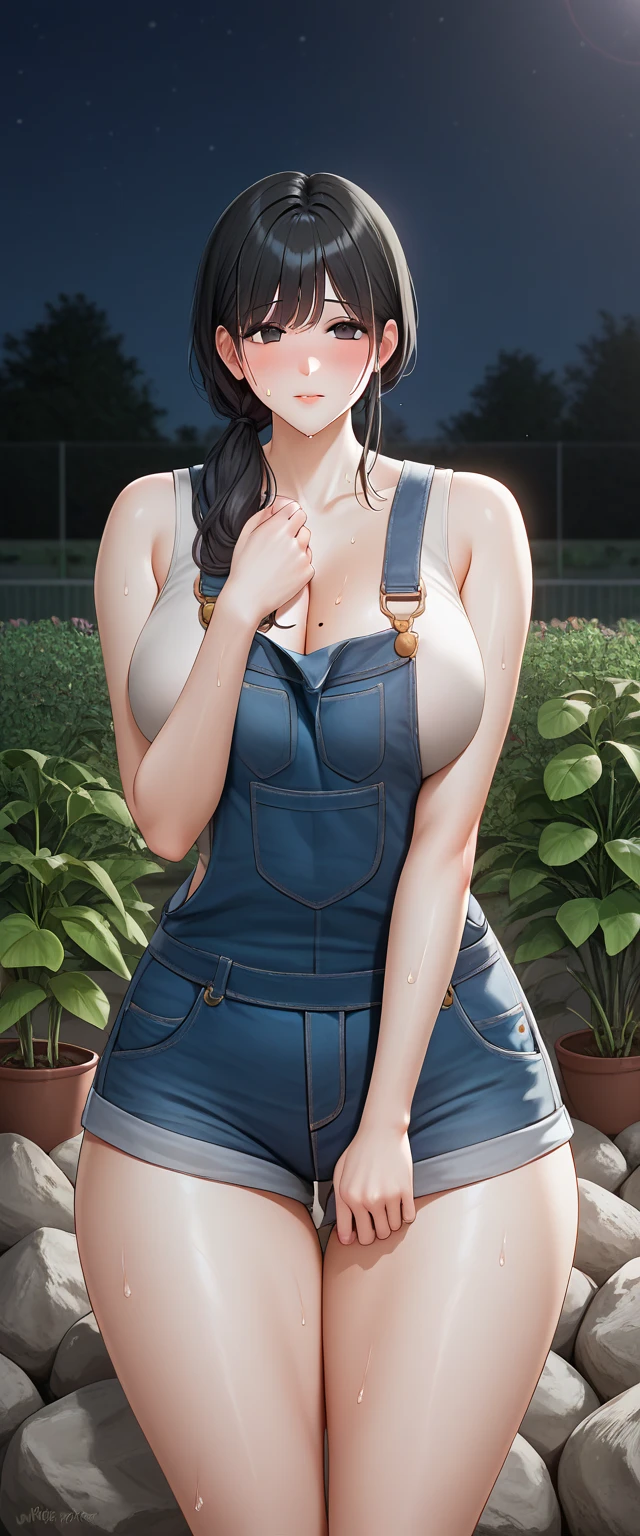 4K, masterpiece,gardener , kvinner,Black hair,Black eyes,Hair tie,สวนBackyard,plant,vegetable,gardener,earth,Sexy, big-breasted panties, Wide Hips ,Shy,realistically,White skin, outside,mess up,milf,tank top,earth,rock,sweat,insect ,earthสีน้ำตาล,วัชplant,Backyard,Wear overalls,long overalls, at night,dark,No lighting