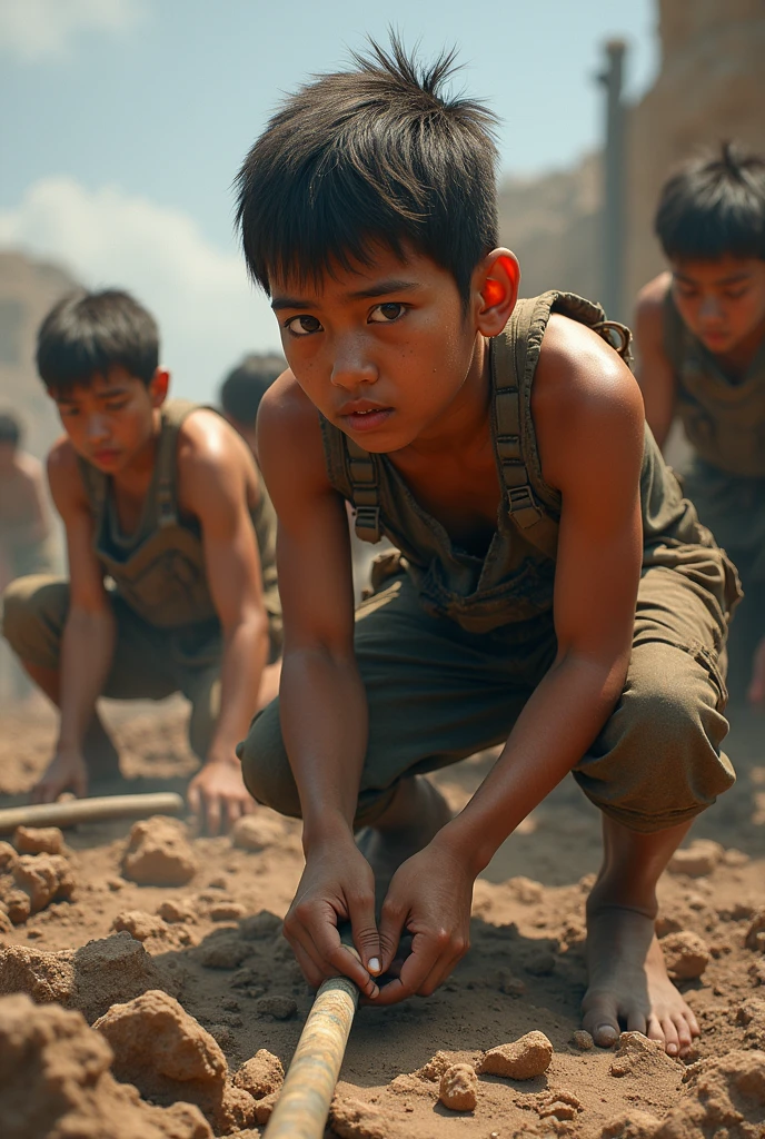 Two childrens(boy) in a village see a strange object on the ground
Provide animation image