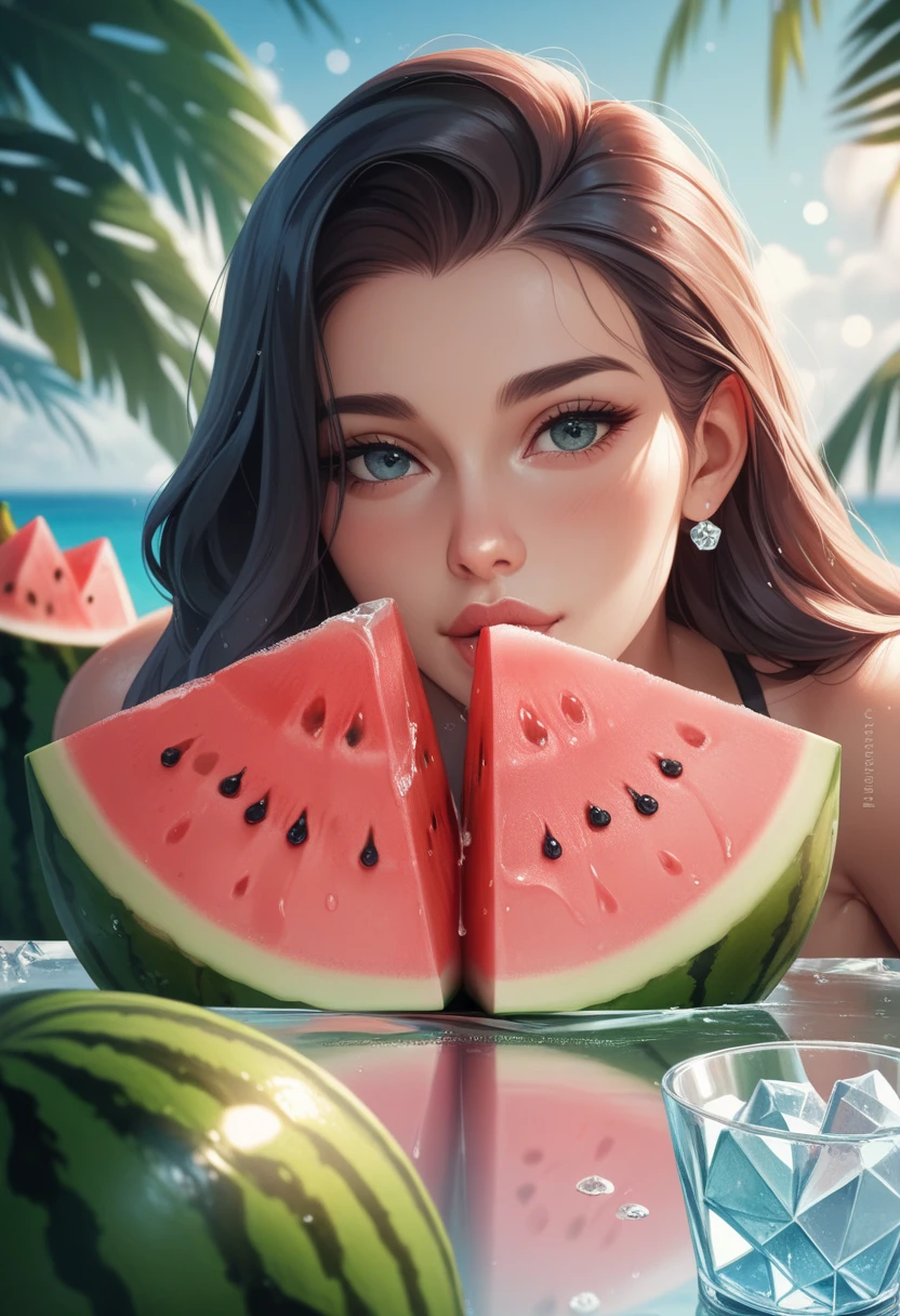 kunimitsu,red hair,lips,facial mark,mole under mouth,long hair,
green striped bikini,eyes closed,
sitting,upper body,wet,
spring bath,night,watermelons,
(insanely detailed, masterpiece, best quality),solo,<lora:KunimitsuTT2:0.8>,