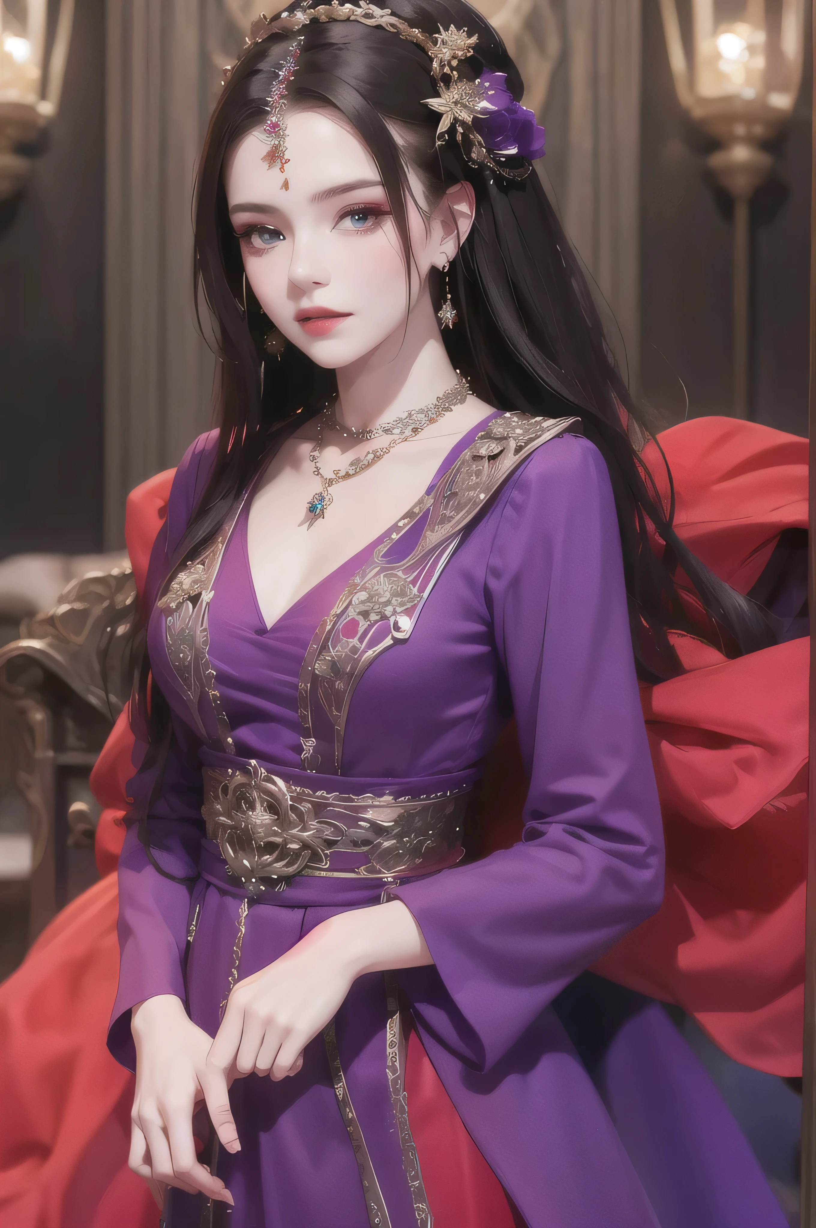 best quality, masterpiece, highres, official art, extremely detailed cg unity 8k wallpaper, 1girl, long hair, jewelry, hair ornament, realistic, she's wearing a beautiful dress in purple color, (((purple top and purple dress))), (((dark purple))), necklace, full body