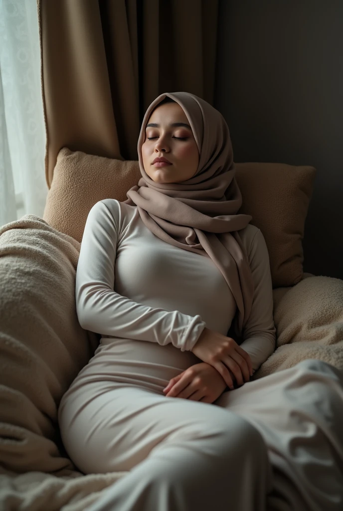 The beautiful,thin,most pretty and clever Asian muslimah woman with beautiful cheeks wears plains zebra print lycra footed turtleneck unitard catsuit covered with stripes and plains zebra print lycra elastane stretchy dancewear hood hijab covered with stripes.She is sleeping on the mattress