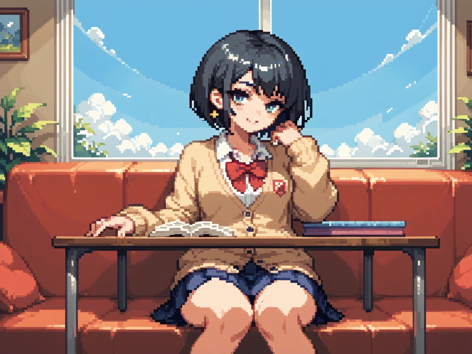  pixel art、solo,2D, beautiful illustration ,from front,throw,lounge,Sitting facing the Viewer on a square table, looking at viewer,School uniform, Cardigan,black hair ,short hair,bags、Sofa,Window、 big window