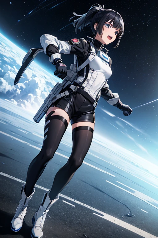  anime picture 、Space science fiction soldier 、 full body portrait 、A  soldier running around 155 cm tall wearing a silver bulletproof vest and silver shorts、 blue eyes、Hairstyle: short ponytail、 black hair、Black tights to cover the lower body、 smiling with open mouth 、 boots、gloves、silvery headset