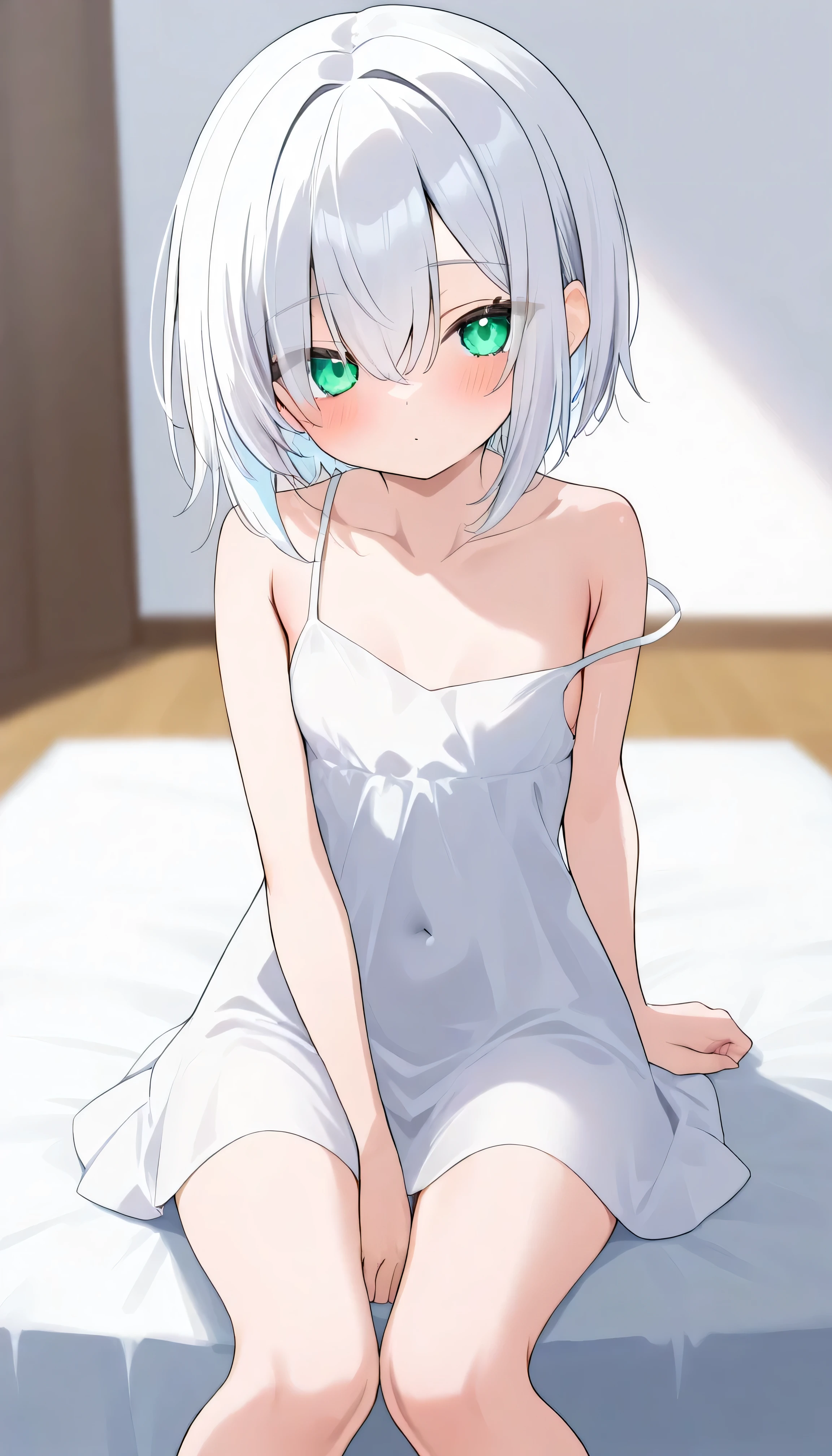  Emerald green eyes, white hair, eyes visible through hair, short hair　Alone,  eyebrow visible from inside hair ,  hair between eyes, white slip dress　　ロリ