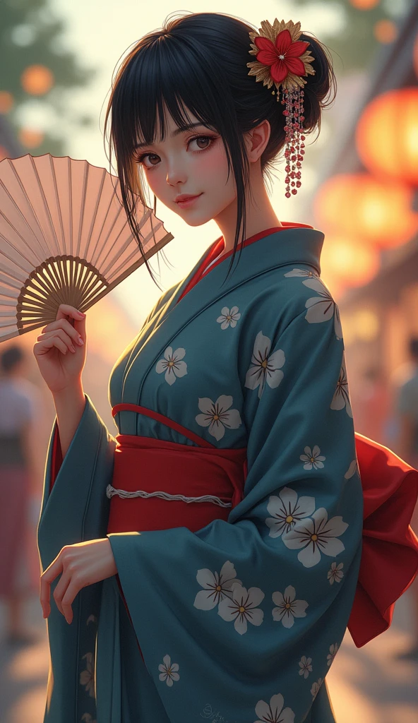 masterpiece,Summer Festival ,Alone, Japanese woman holding breasts,light makeup,A dignified appearance,yukata姿,Black Hair,((put her hair up)),Soft dark blue ,fireworks pattern,A simple vermilion band ,She has fans ,yukata( Very Thin Fabric , soft texture , Light Fabric Texture ),Shaking Sleeves ,[ simple hair ornament ], hair ornament reflects light,evening, happy atmosphere ,nostalgia,