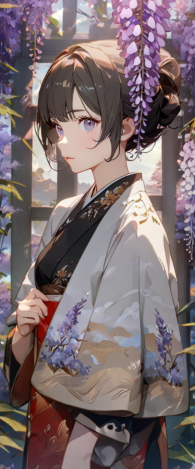 wisteria flower, wisteria tree, wisteria background, ((8k) ,(4k) , (best quality), (high quality), (masterpiece)), embroidery  clothes, big chest, all kind of hairstyle, inspired by Asukaziye artist : ask, art style : ask