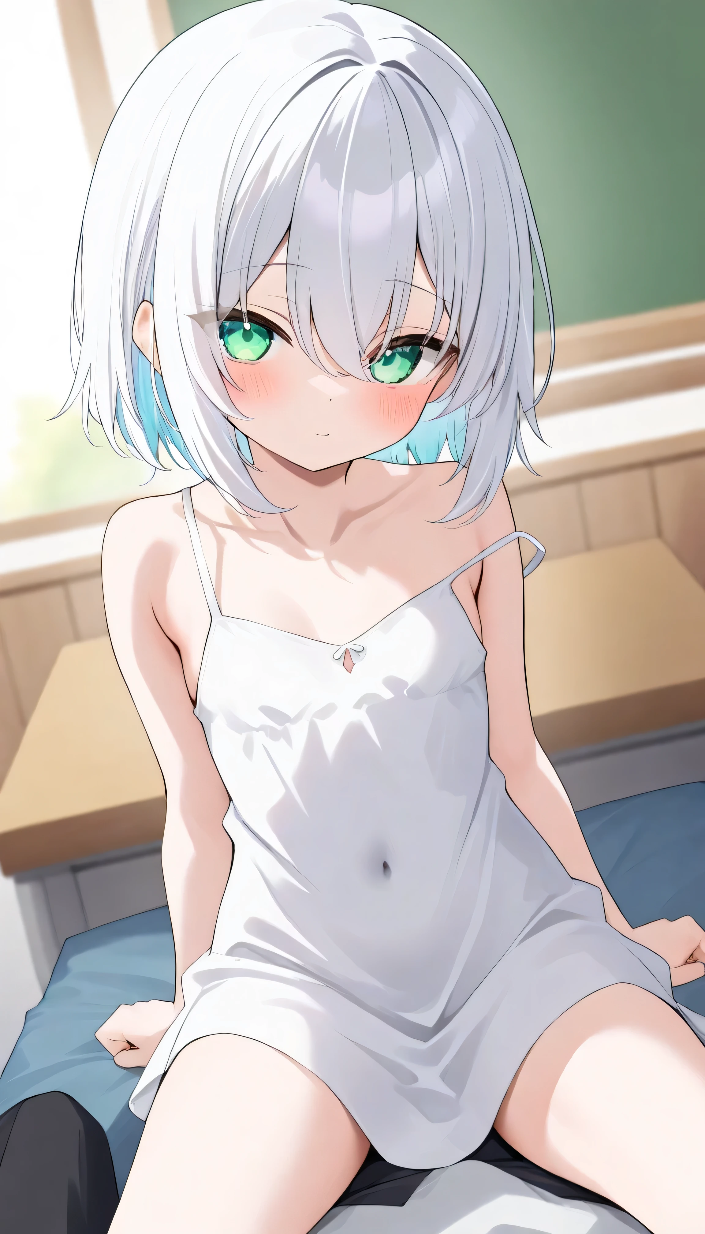 Emerald green eyes, white hair, eyes visible through hair, short hair Alone, eyebrow visible from inside hair , hair between eyes, white slip dress ロリ