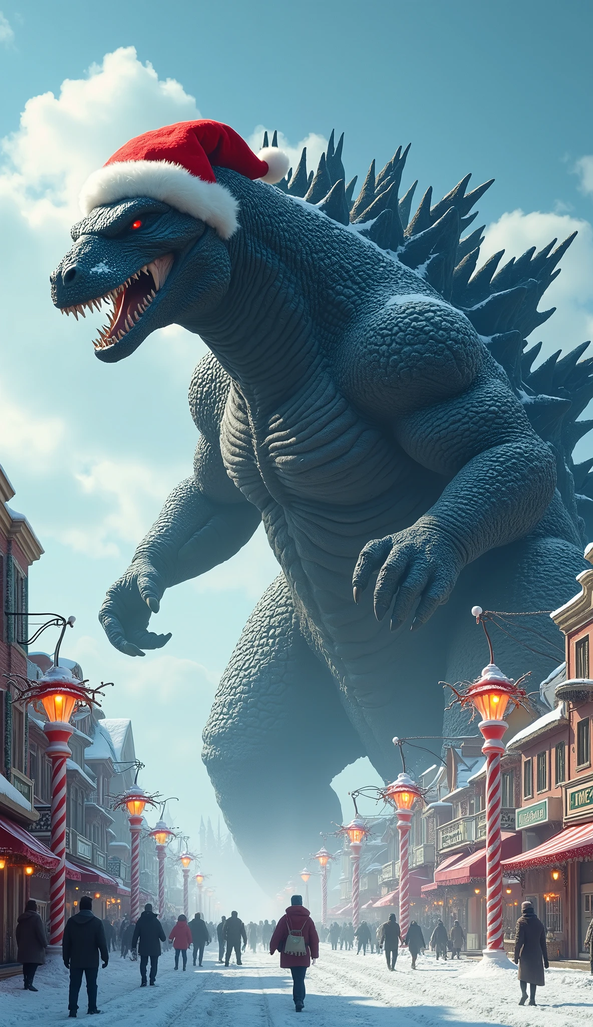 Godzilla invading the north pole city celebrating christmas, wearing santa hat